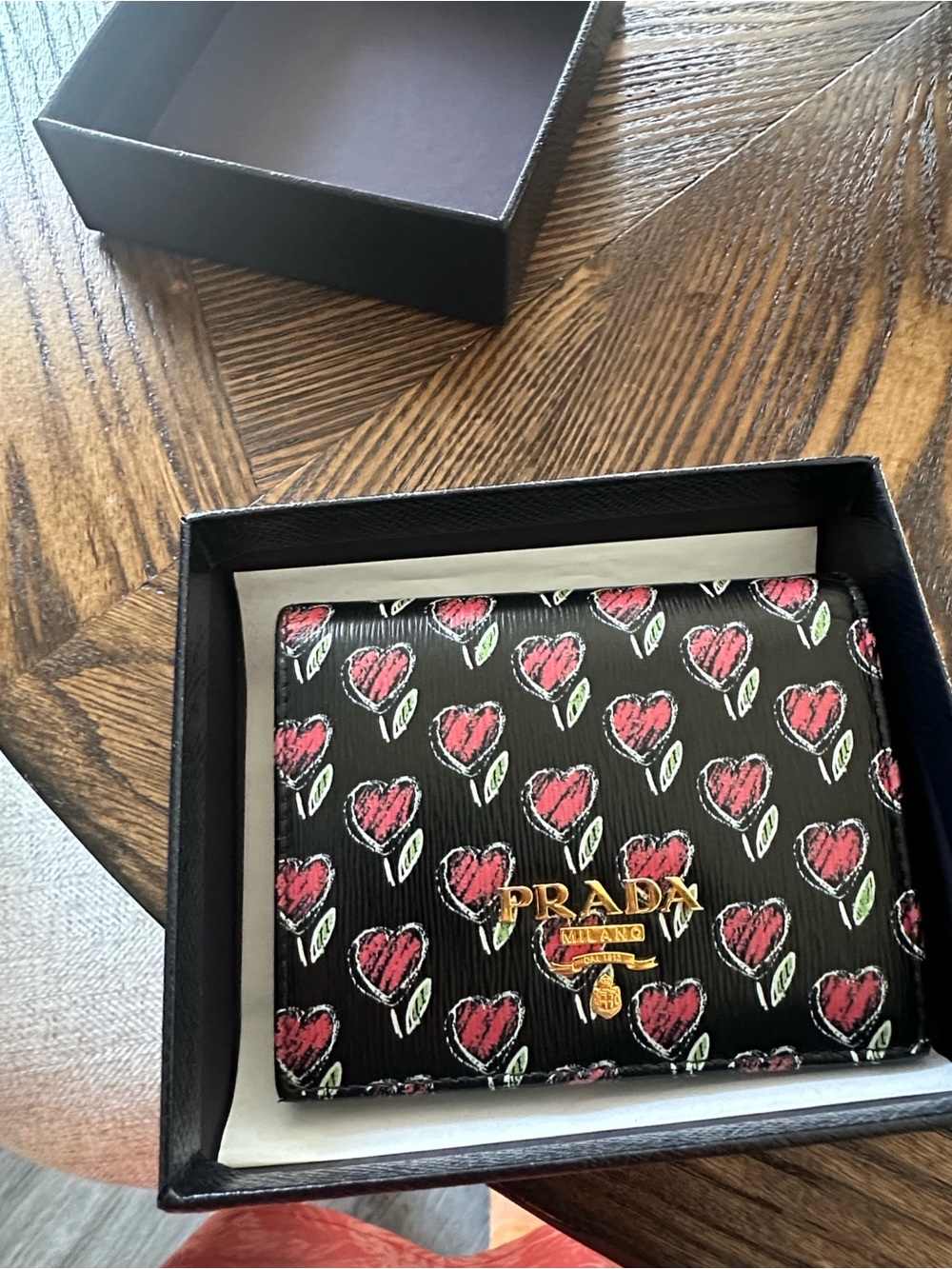 Prada Black Wallet with Pink Heart Print and Gold Logo COA